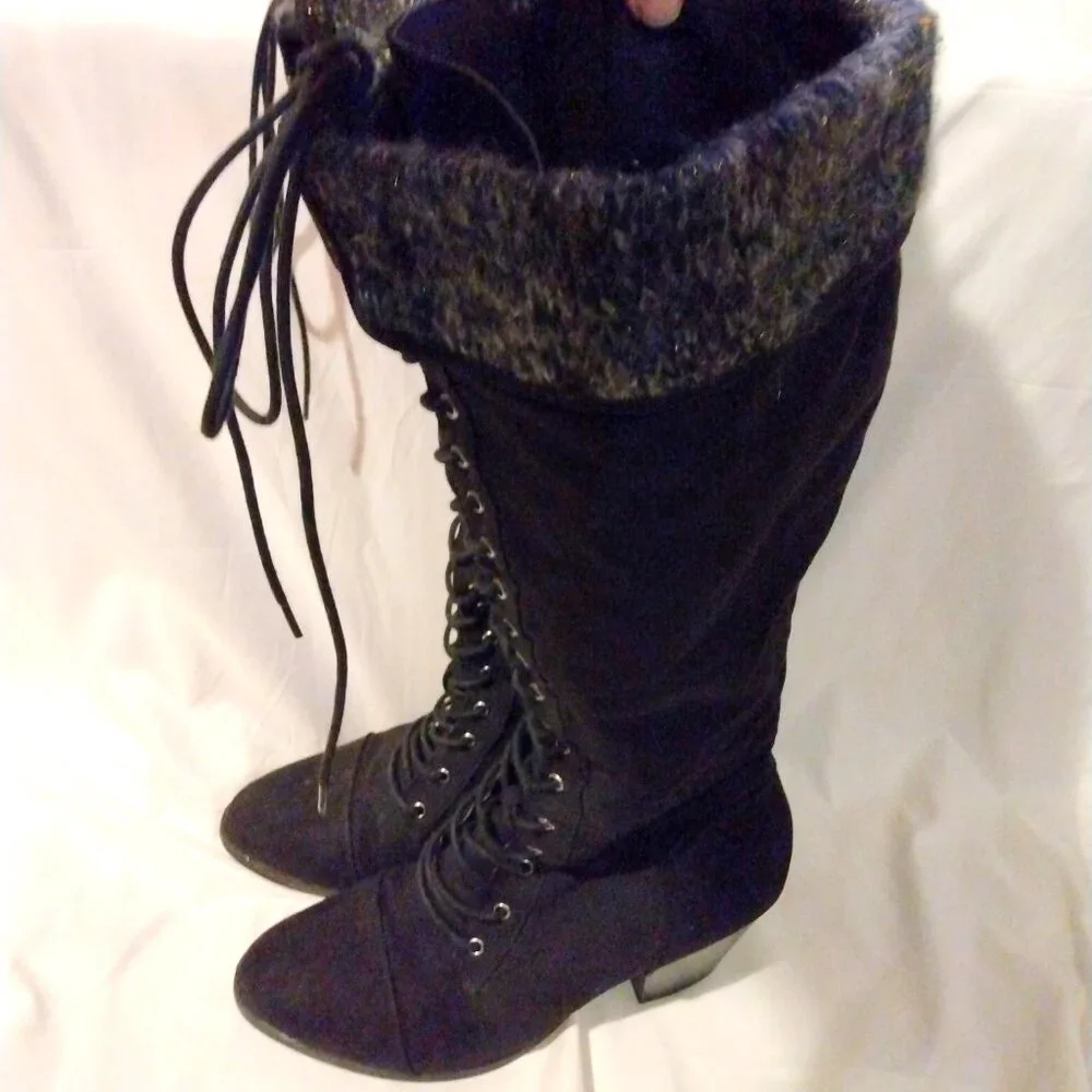 Torrid Black Lace Up Tall Boots 10.5WW Cozycore Streetwear Chunky Heel Combat - Picture 4 of 11